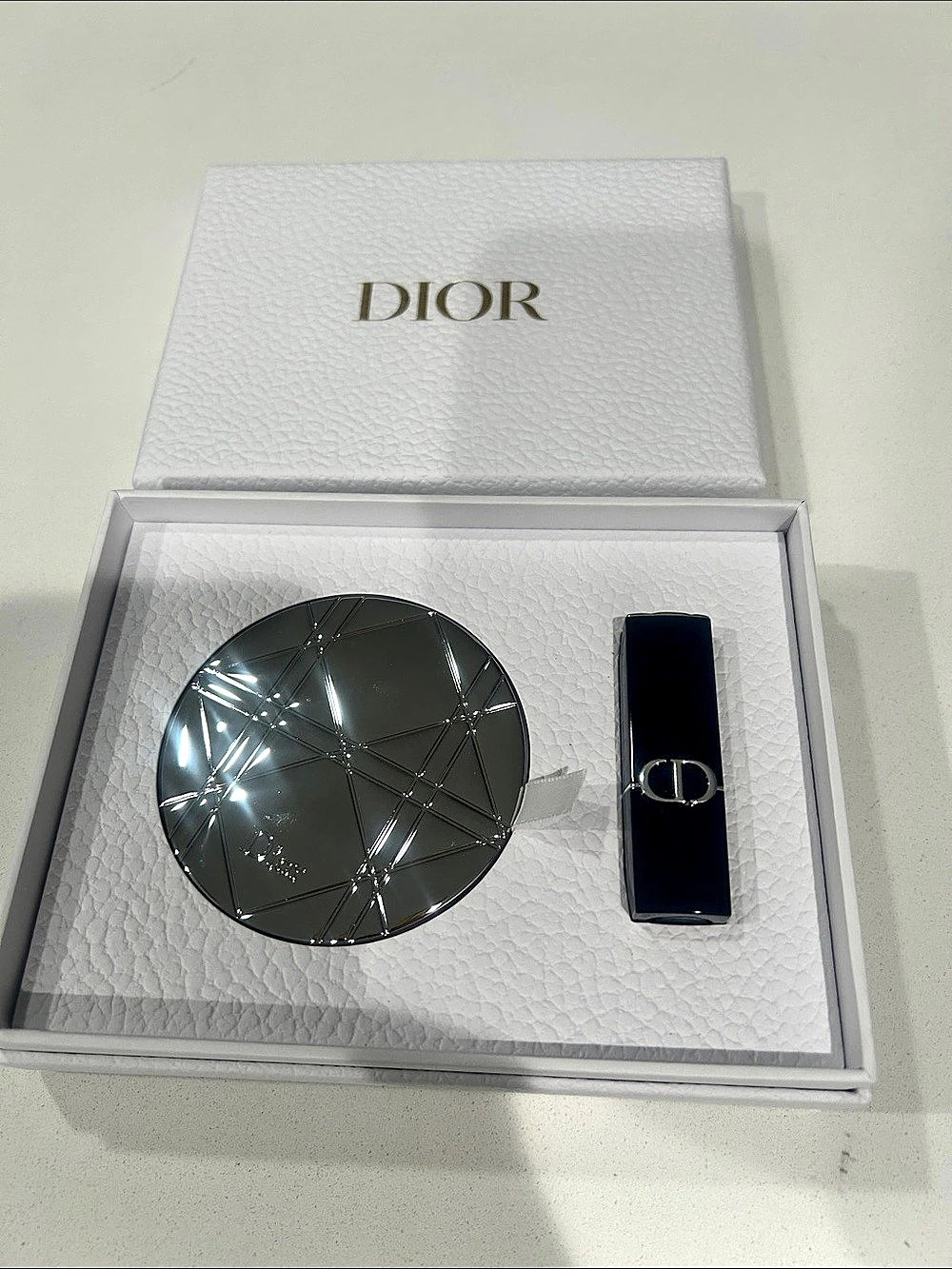 Dior Silver Cannage Pocket Mirror & Rouge Lipstick Set Shade 720 Icone